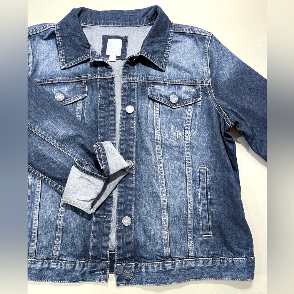 Lauren Conrad Distressed Dark Denim Jean Stretch Jacket Women’s Size Large